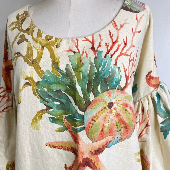 EXQUISITE CORAL SEA DRESS WITH PUFF SLEEVES & MATCHING BUCKET HAT LINEN/COTTON - Picture 6 of 14